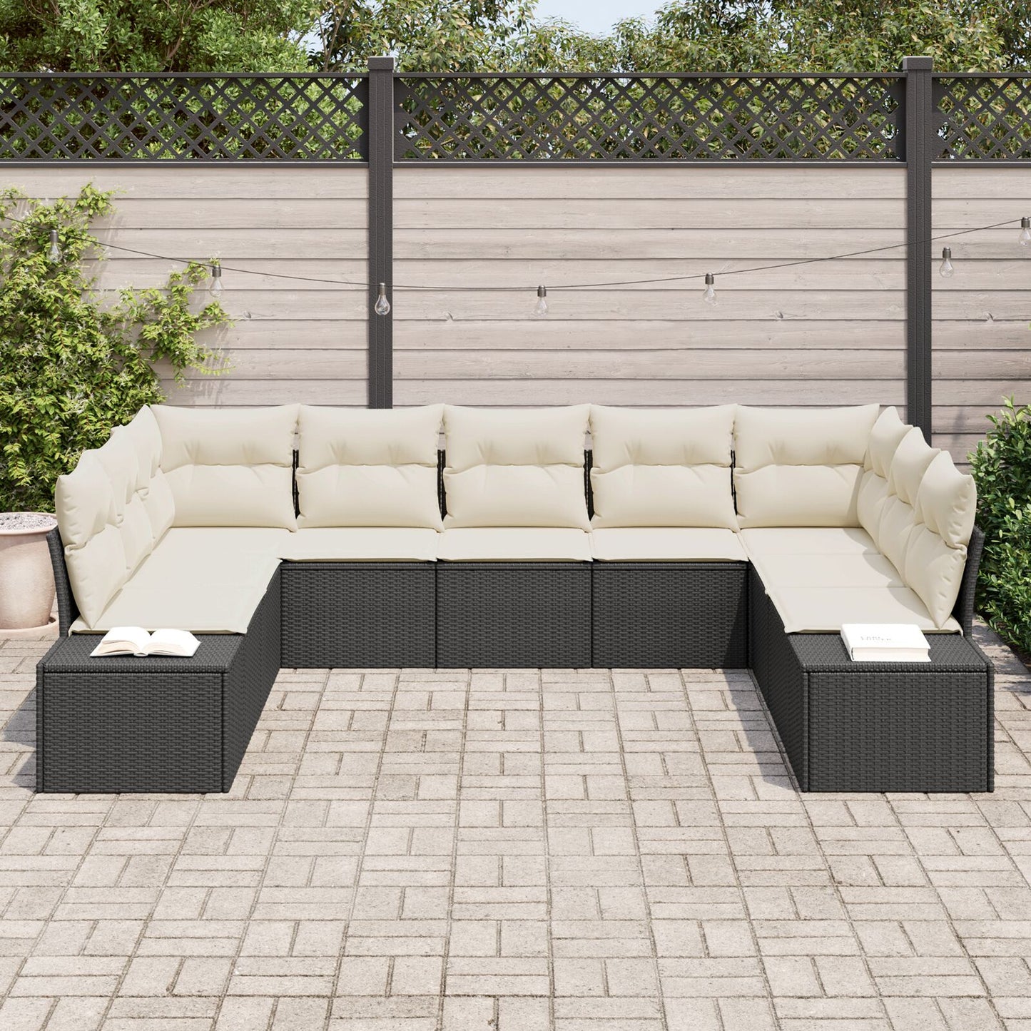 9 Persoons Tuin Sofa Set Met Kussens Poly Rattan Zwart en crème zonder tafel