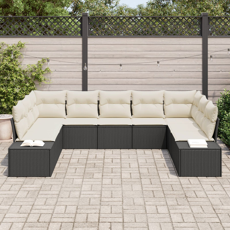 9 Persoons Tuin Sofa Set Met Kussens Poly Rattan Zwart en crème zonder tafel
