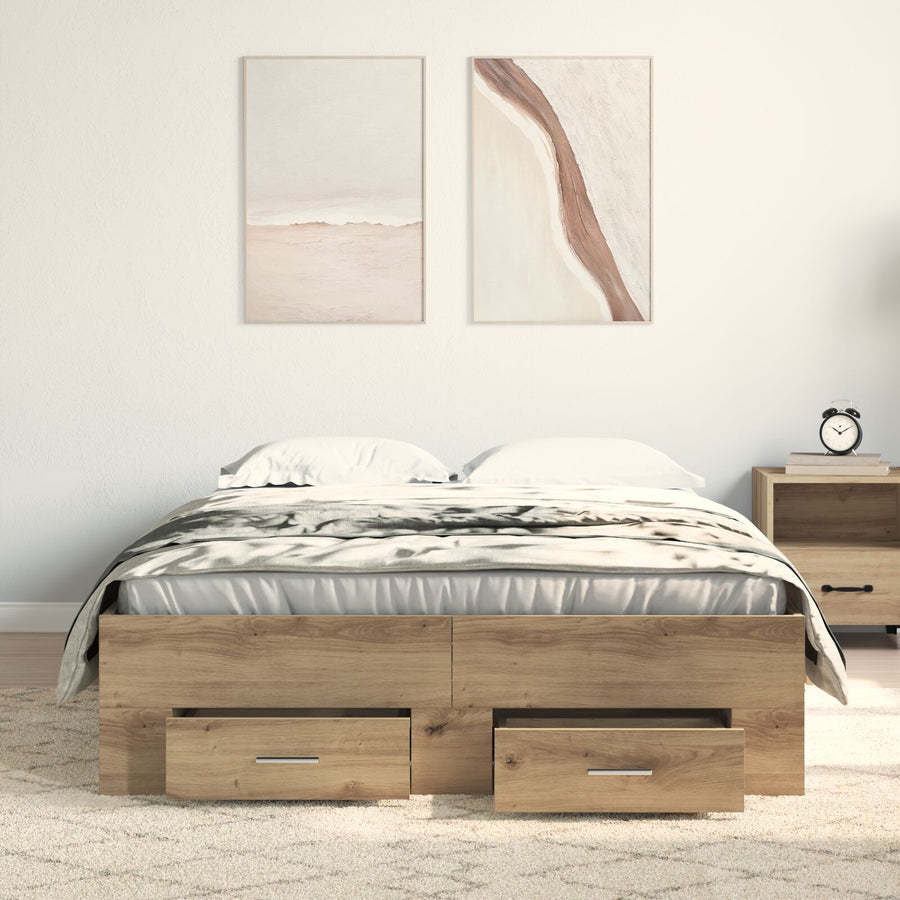 Bedframe Met Lades Artisan Eiken 120X200 Cm Bewerkt Hout Ambachtelijk Eiken