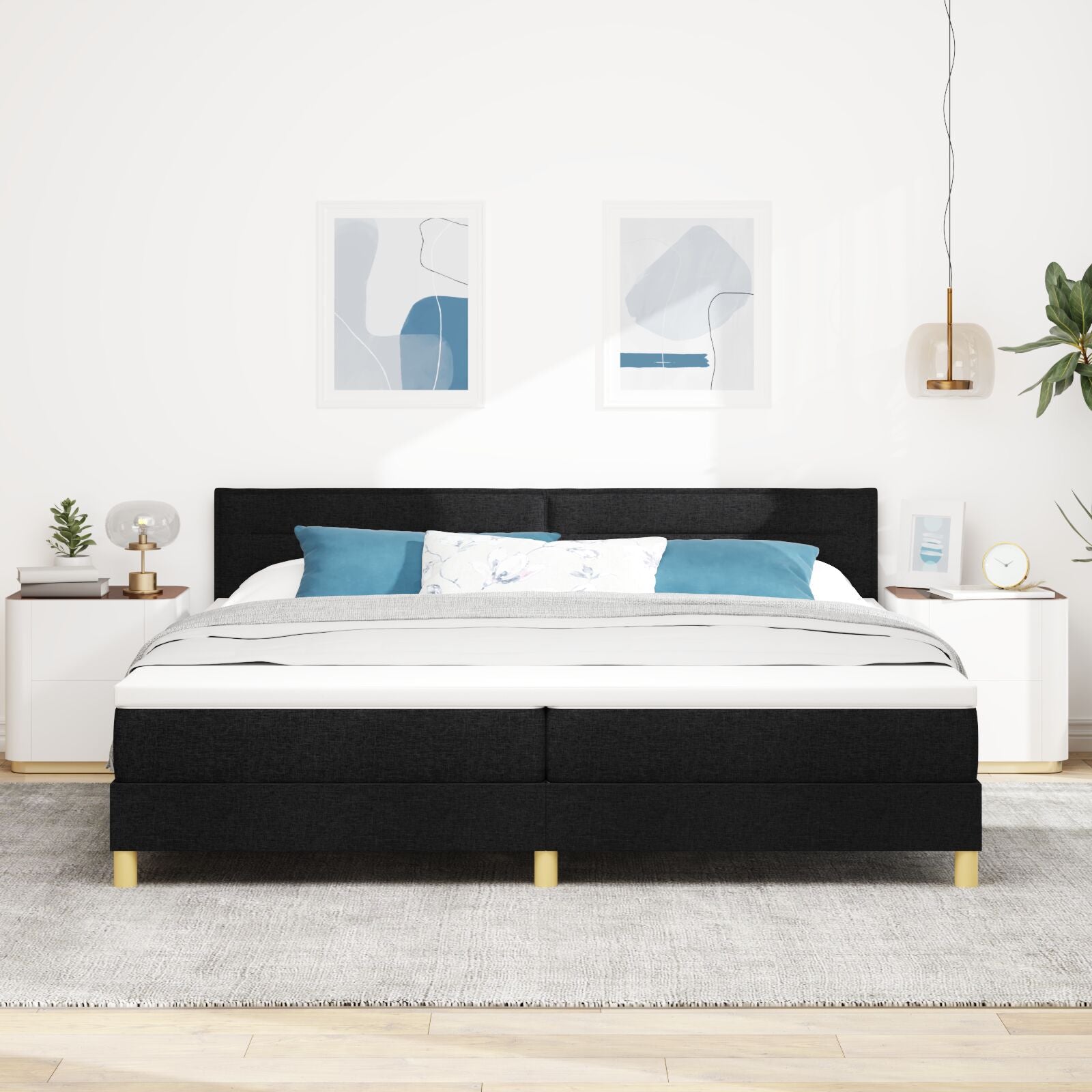 Boxspring Bed Met Matras Stof Zwart 200 x 200 cm Lijnen ontwerp