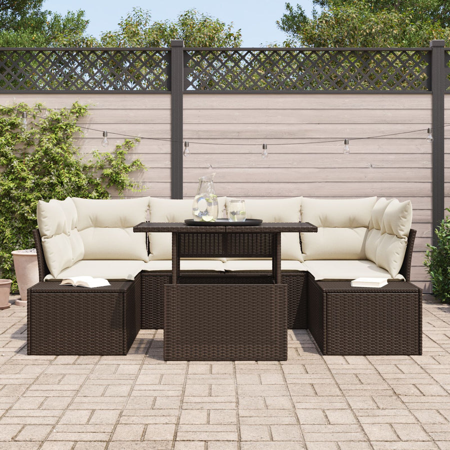 7-Delige Tuin Sofaset Met Kussens Bruin Poly Rattan