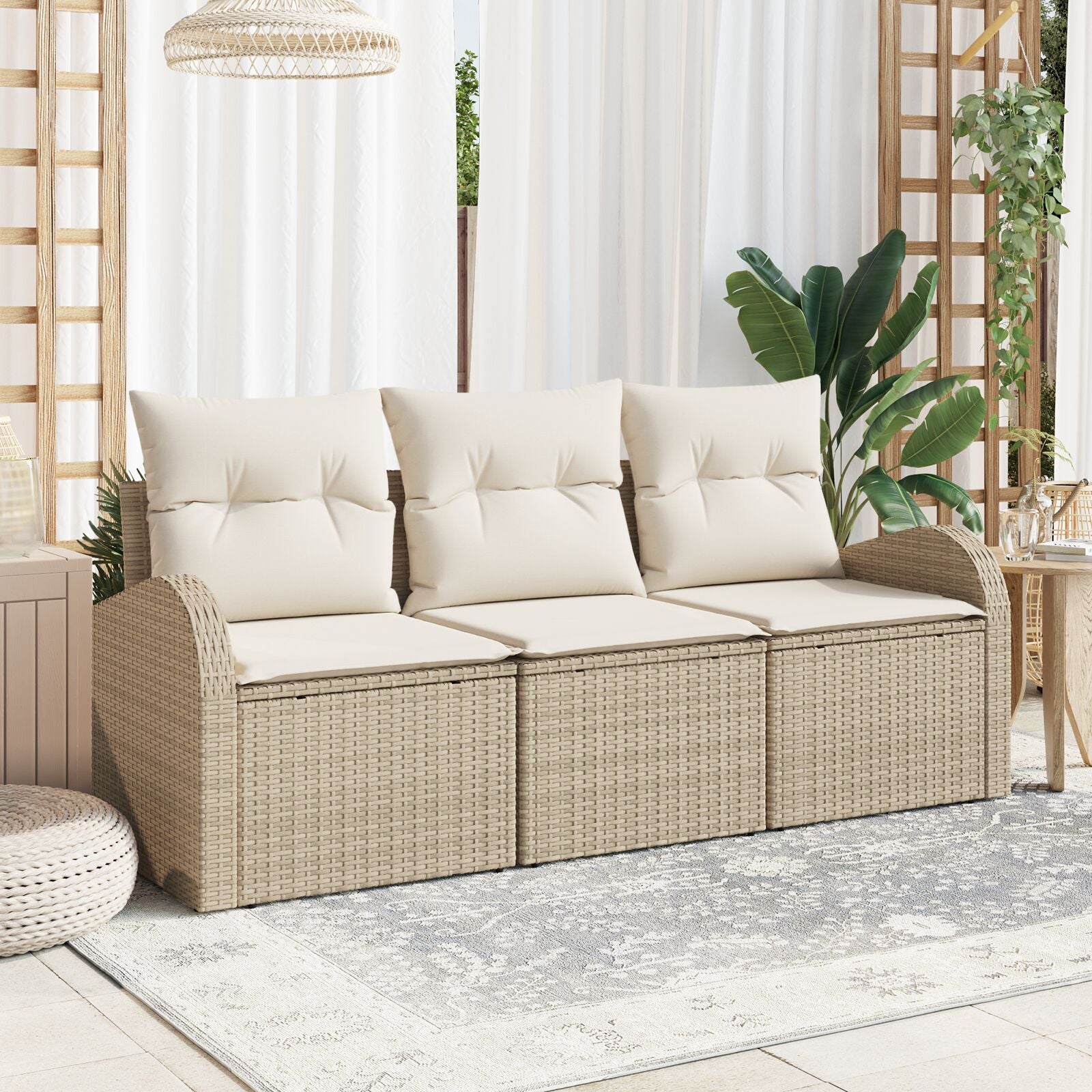 3-Delige Tuin Sofa Set Met Kussens Beige Poly Rattan