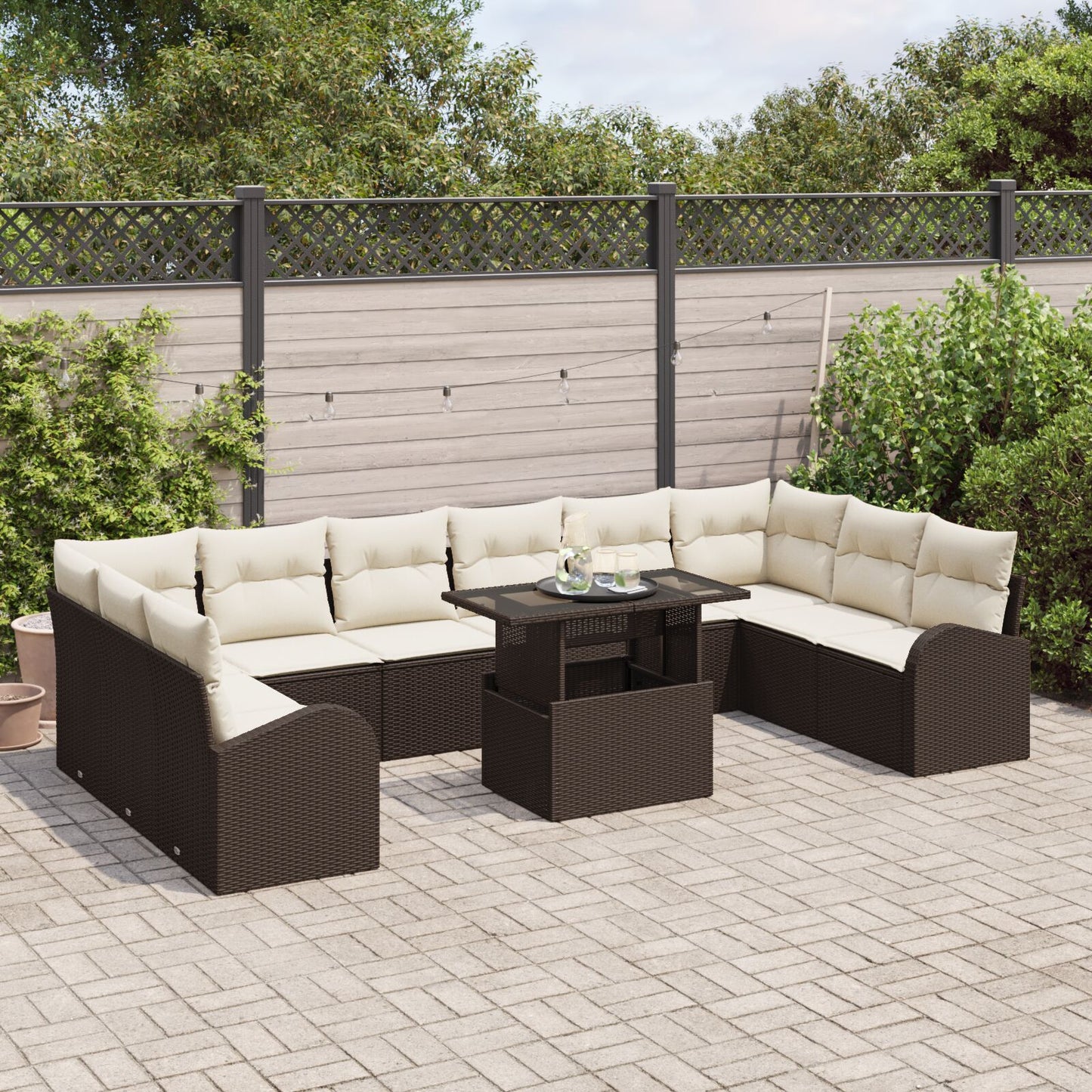 11-Delige Tuinbankset Met Kussens Bruin Poly Riet