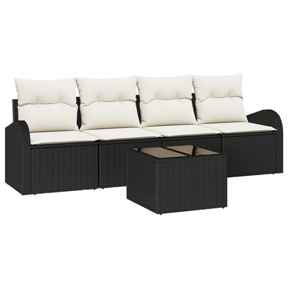 5-Delige Tuinbankset Met Kussens Zwart Poly Rattan