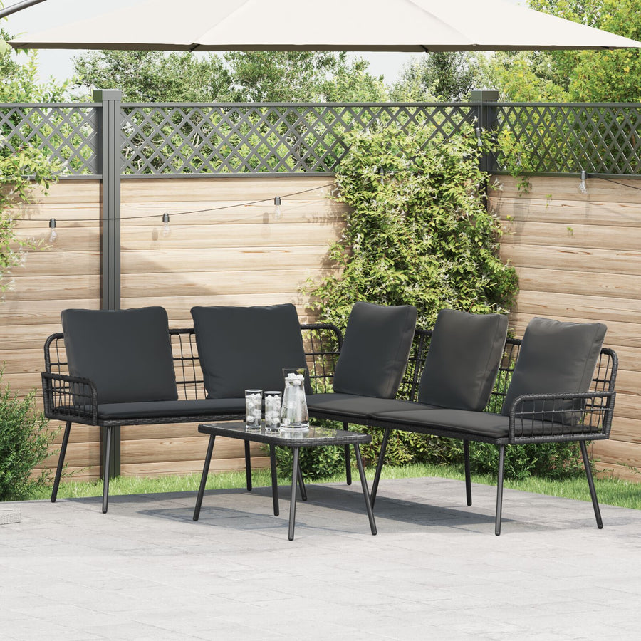 2-Delige Tuinbankset Met Kussens Poly Rattan Zwart Bank + tafel