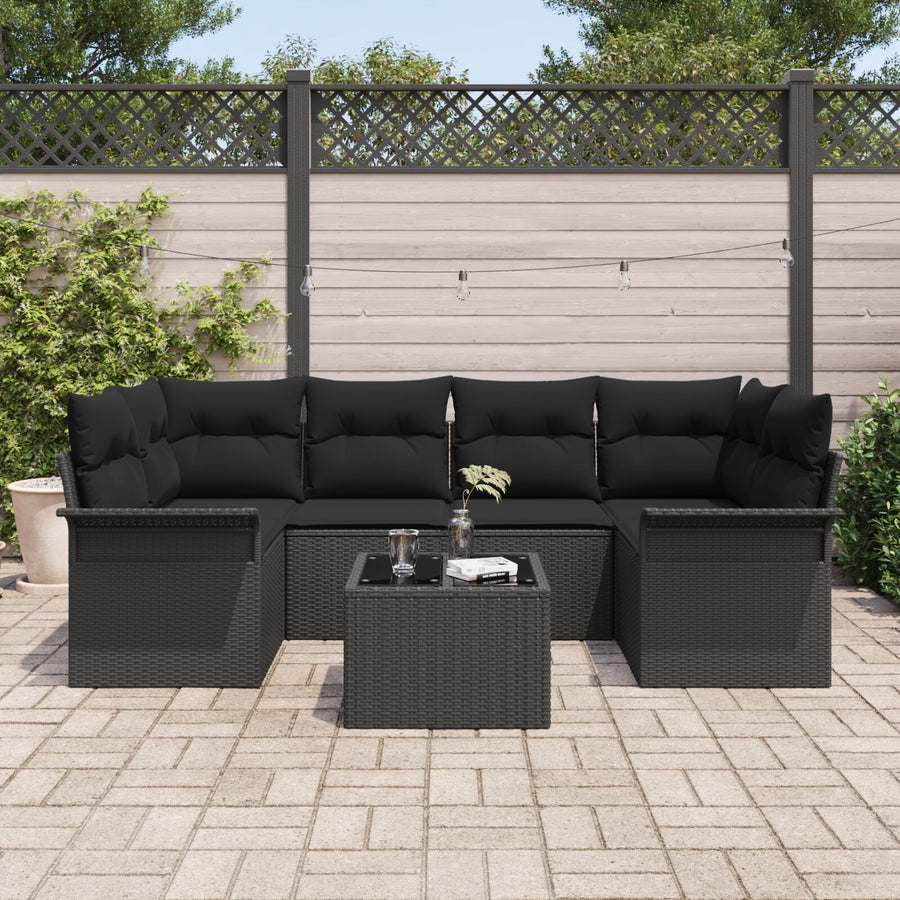 7-Delige Tuin Sofa Set Met Kussens Zwart Poly Rattan