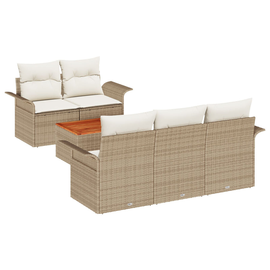 6-Delige Tuinbankset Met Kussens Beige Poly Rattan Acacia