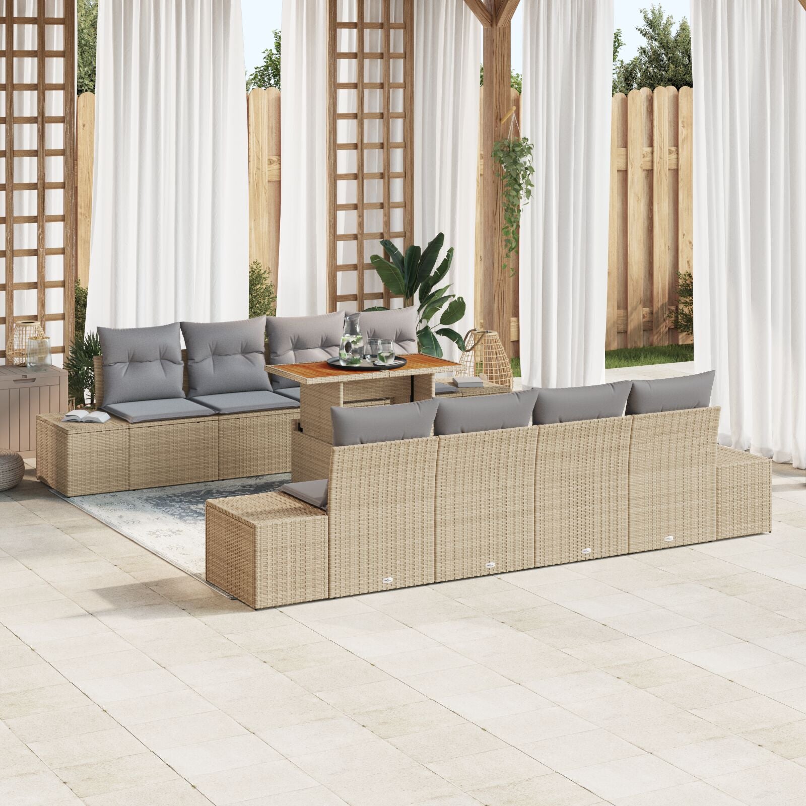 7-Delige Tuinbank Set Met Kussens Beige Poly Riet