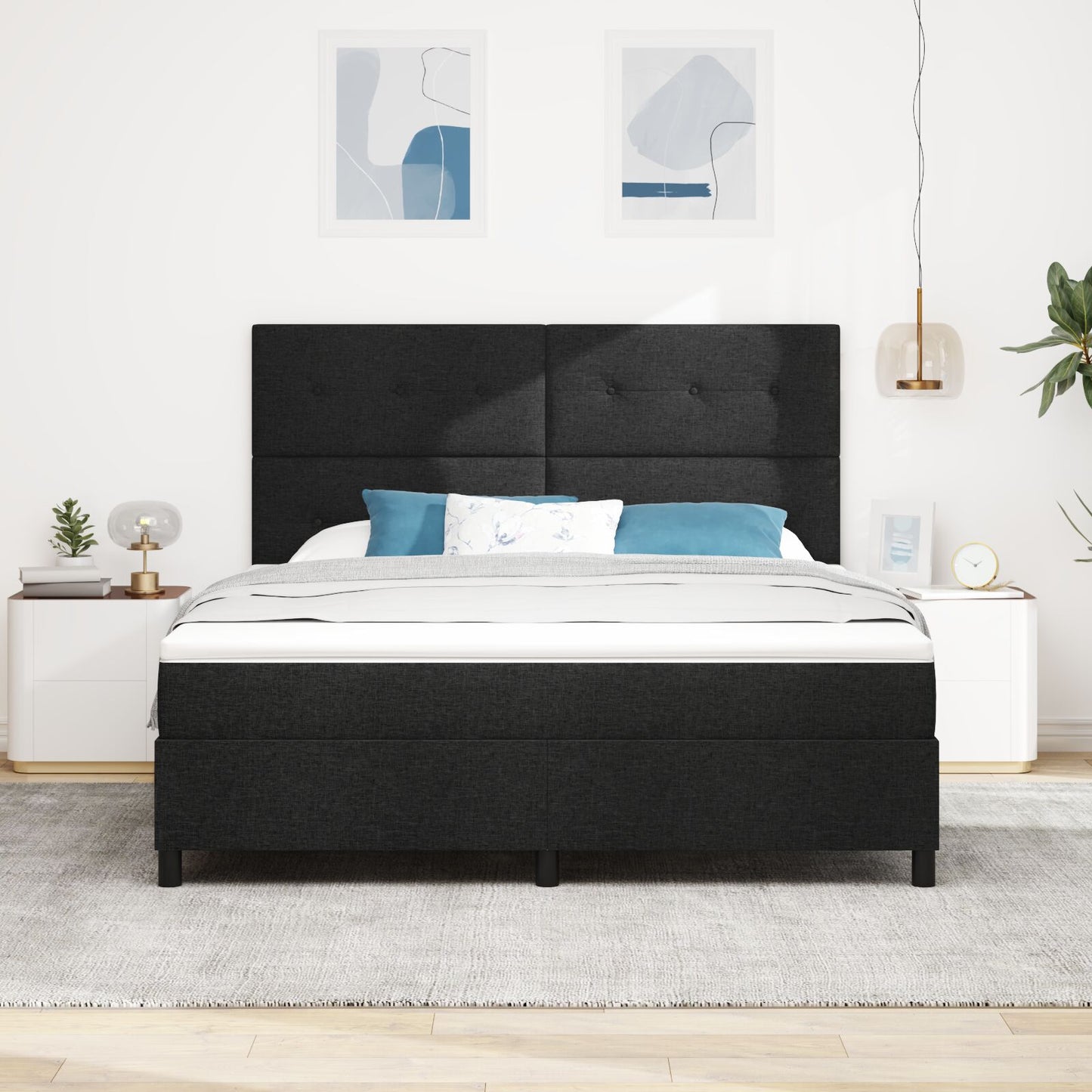 Boxspring Bed Met Matras Super King Stof Zwart 180 x 200 cm Knopgeknopt