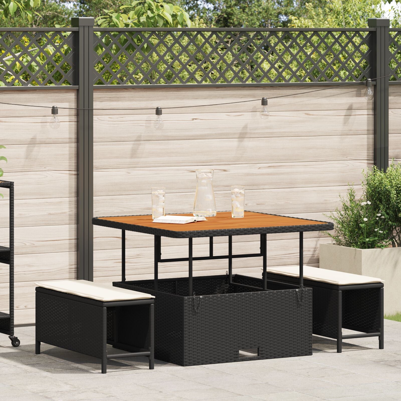 3-Delige Tuin Eettafel Set Met Kussens Poly Rattan Acacia 100 cm Zwart en crème 2 krukken