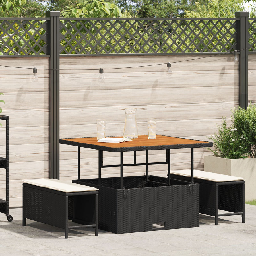 3-Delige Tuin Eettafel Set Met Kussens Poly Rattan Acacia 100 cm Zwart en crème 2 krukken