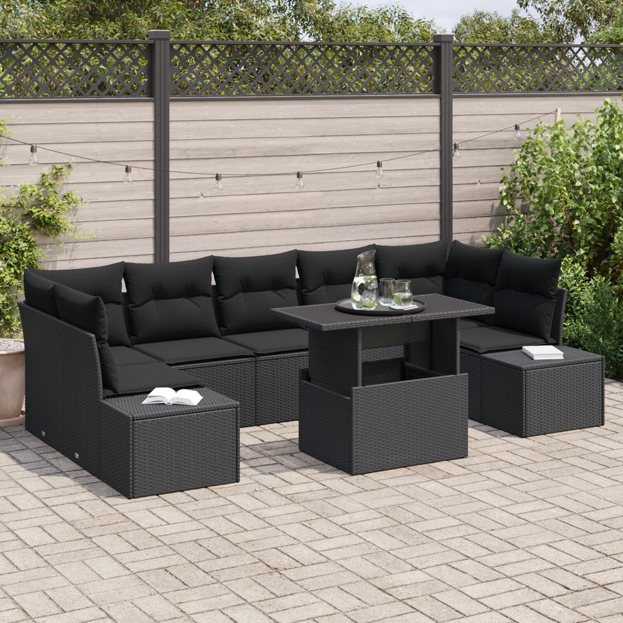 8-Delige Tuin Sofa Set Met Kussens Zwart Poly Rattan
