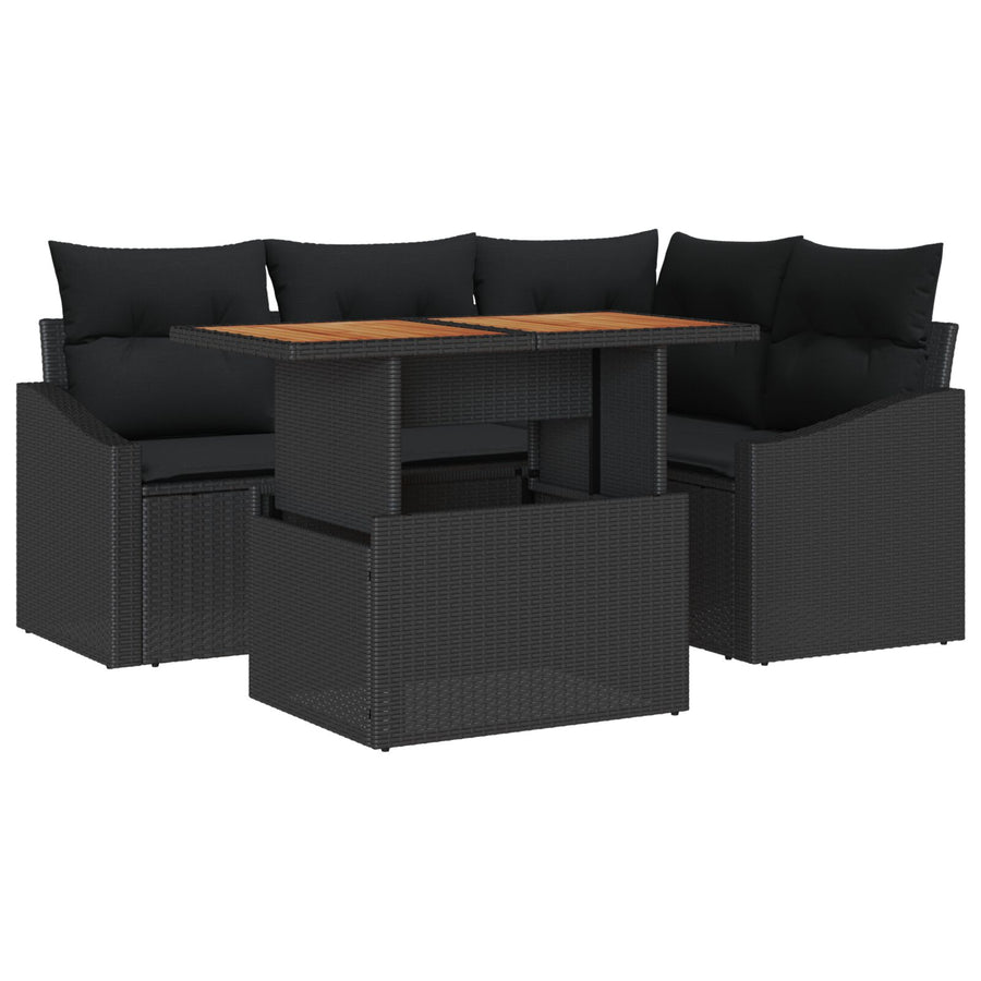 5-Delige Tuin Eetset Met Kussens Zwart Poly Rattan Acacia
