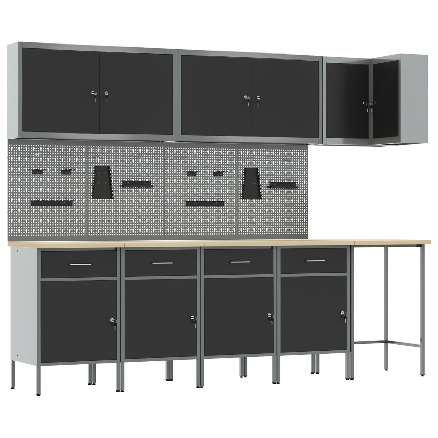 12-Delige Werkmeubel En Pegboard Set Mdf En Metaal 4x (84 cm) Zwart Tafel + 7x kast + 4x pegboard