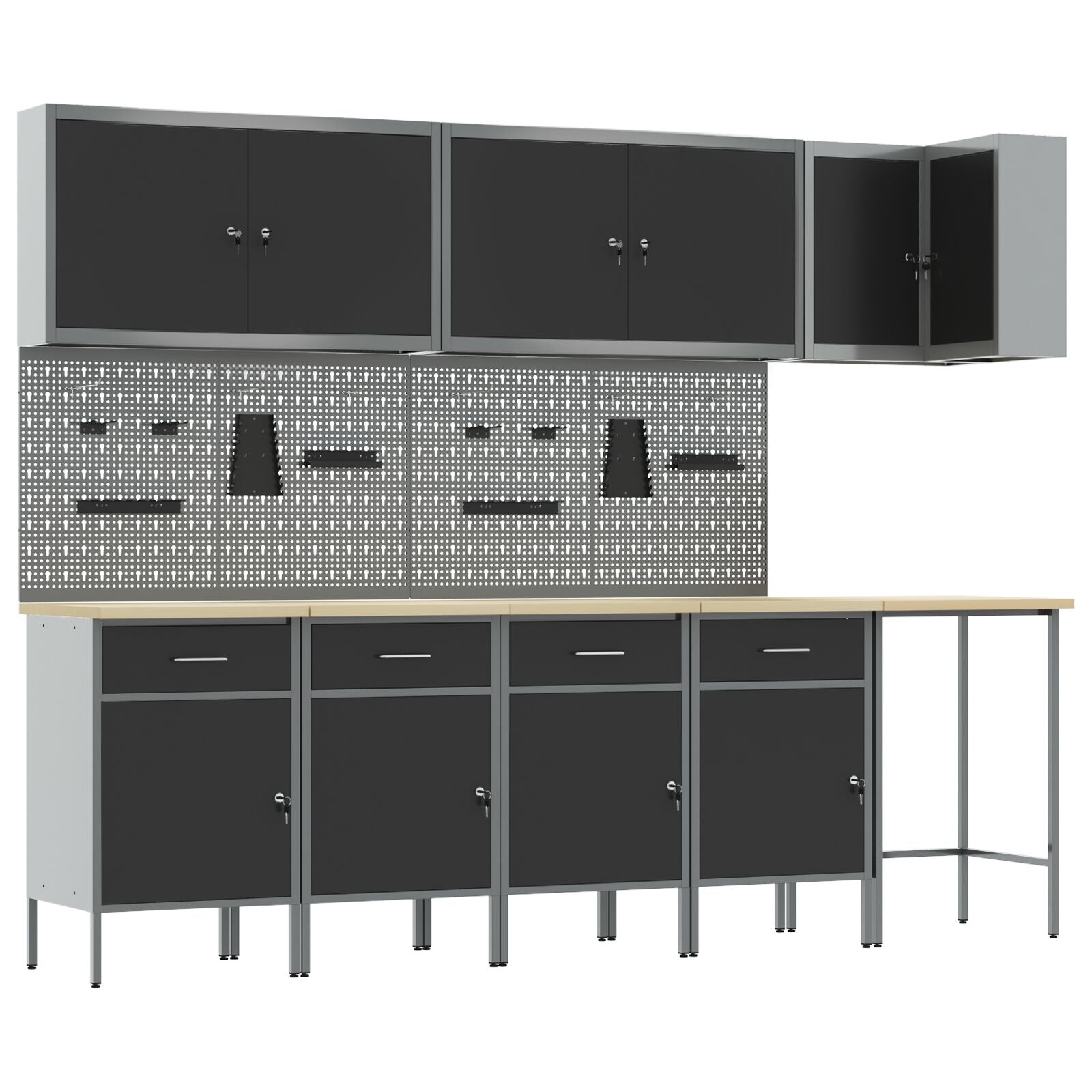12-Delige Werkmeubel En Pegboard Set Mdf En Metaal 4x (84 cm) Zwart Tafel + 7x kast + 4x pegboard