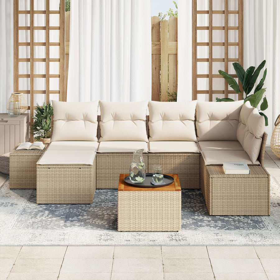 7-Delige Tuin Sofa Set Met Kussens Beige Poly Rattan Acacia