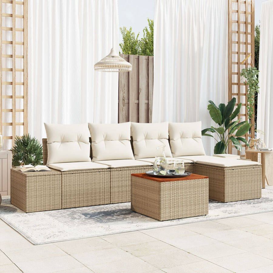 6 Stuk Tuin Sofa Set Met Kussens Beige Poly Rattan Acacia