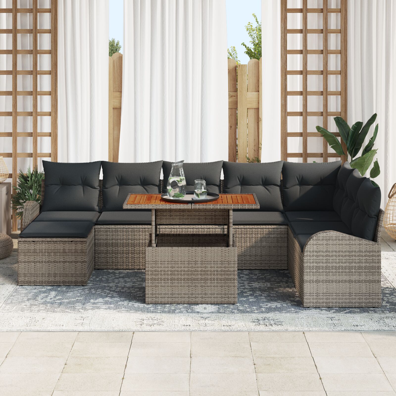 Tuin Sofa Set Set Van 9 Grijs Riet, Polyester, Staal Tuin Sofa