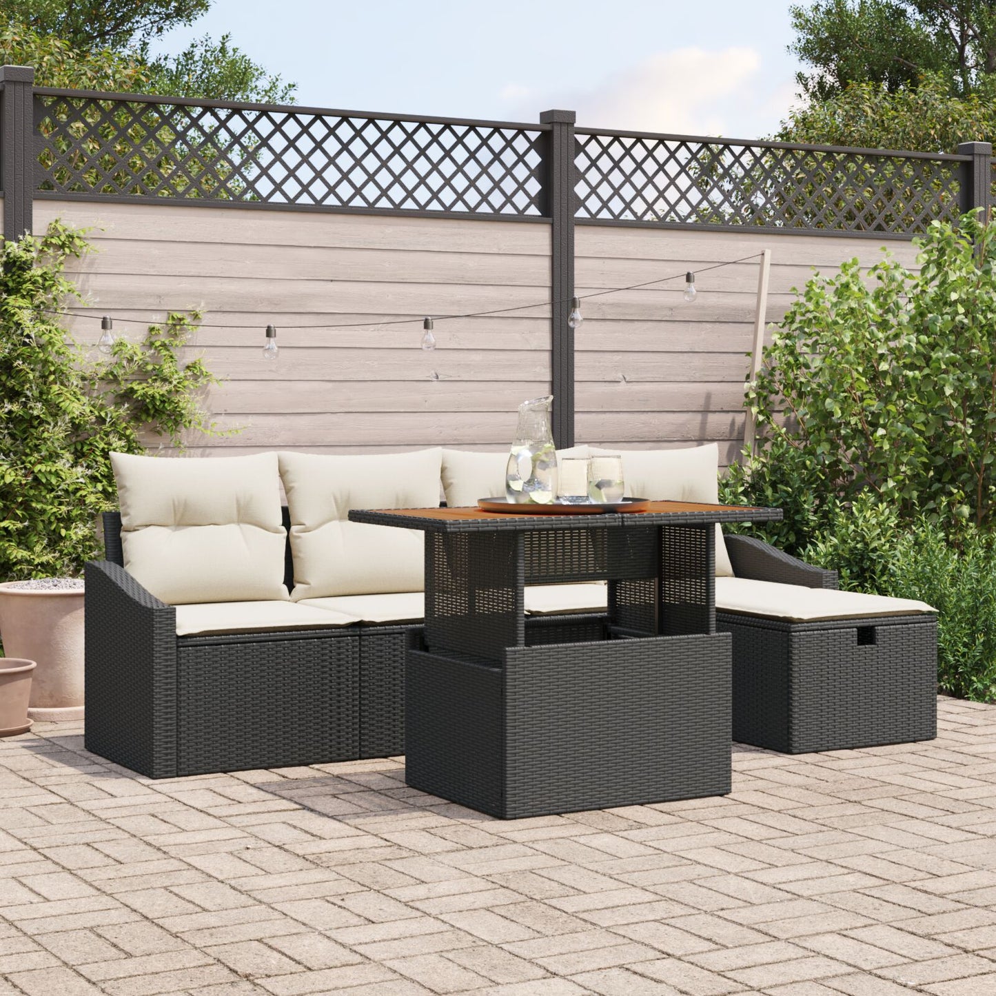 6-Delige Tuinbankset Met Kussens Zwart Poly Rattan Wit