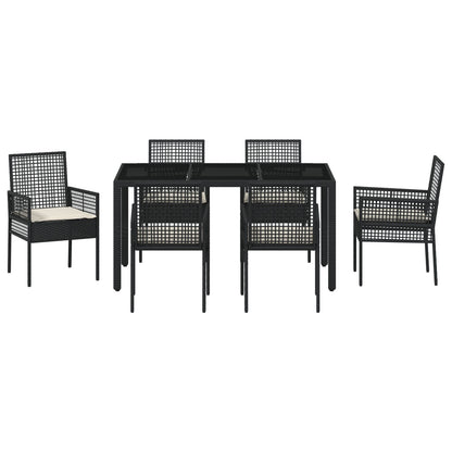 7-Delige Tuintafelset Met Kussens Zwart Poly Rattan