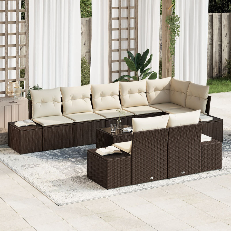 8-Delige Tuinbankset Met Kussens Grijze Poly Rattan Bruin en crème met tafel