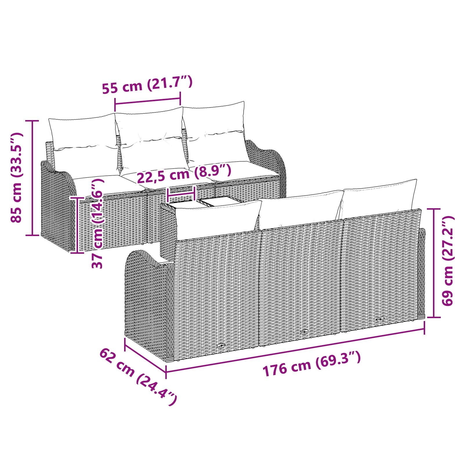 7-Delige Tuin Sofa Set Met Kussens Zwart Poly Rattan
