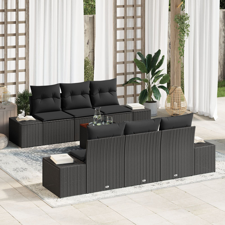 7-Delige Tuinsofaset Met Kussens Zwart Poly Rattan Acacia