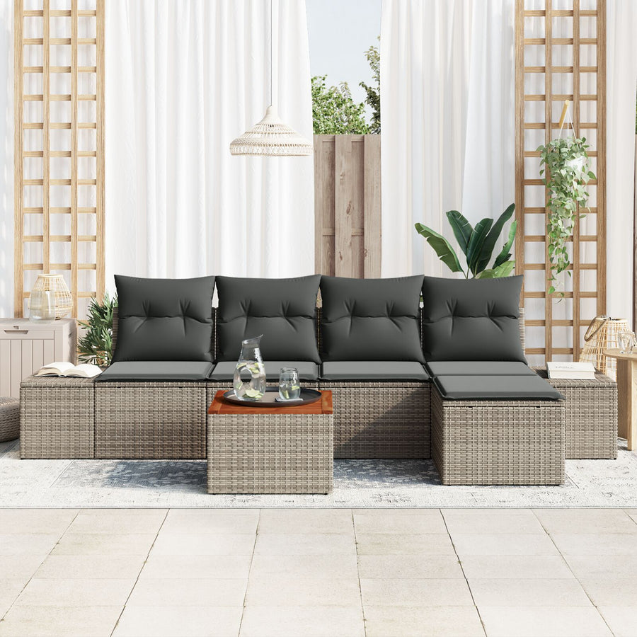 6-Delige Tuinbankset Met Kussens Grijze Poly Rattan Acacia