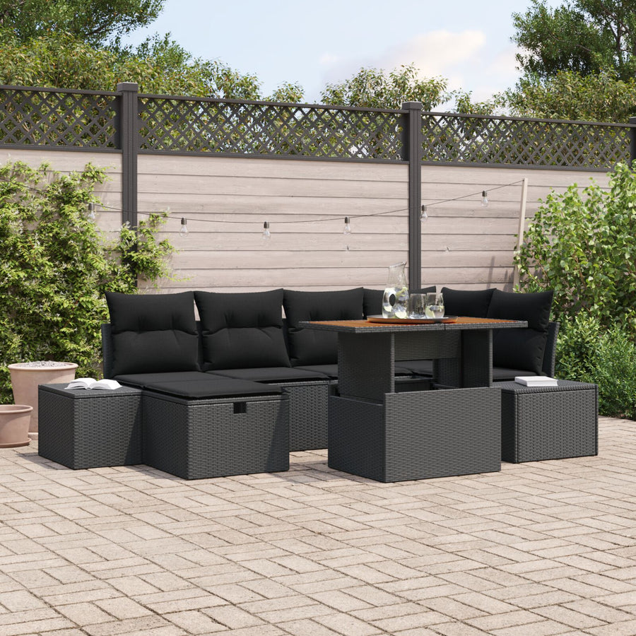 7-Delige Tuin Eetset Met Kussens Zwart Poly Riet Acacia Wit