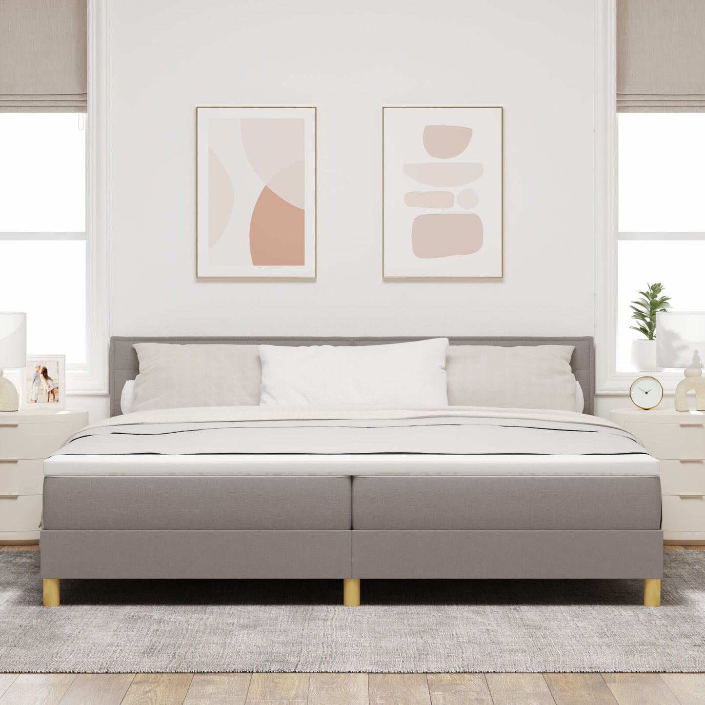 Boxspring Bed Met Matras Stof Taupe 200 x 200 cm Lijnen ontwerp