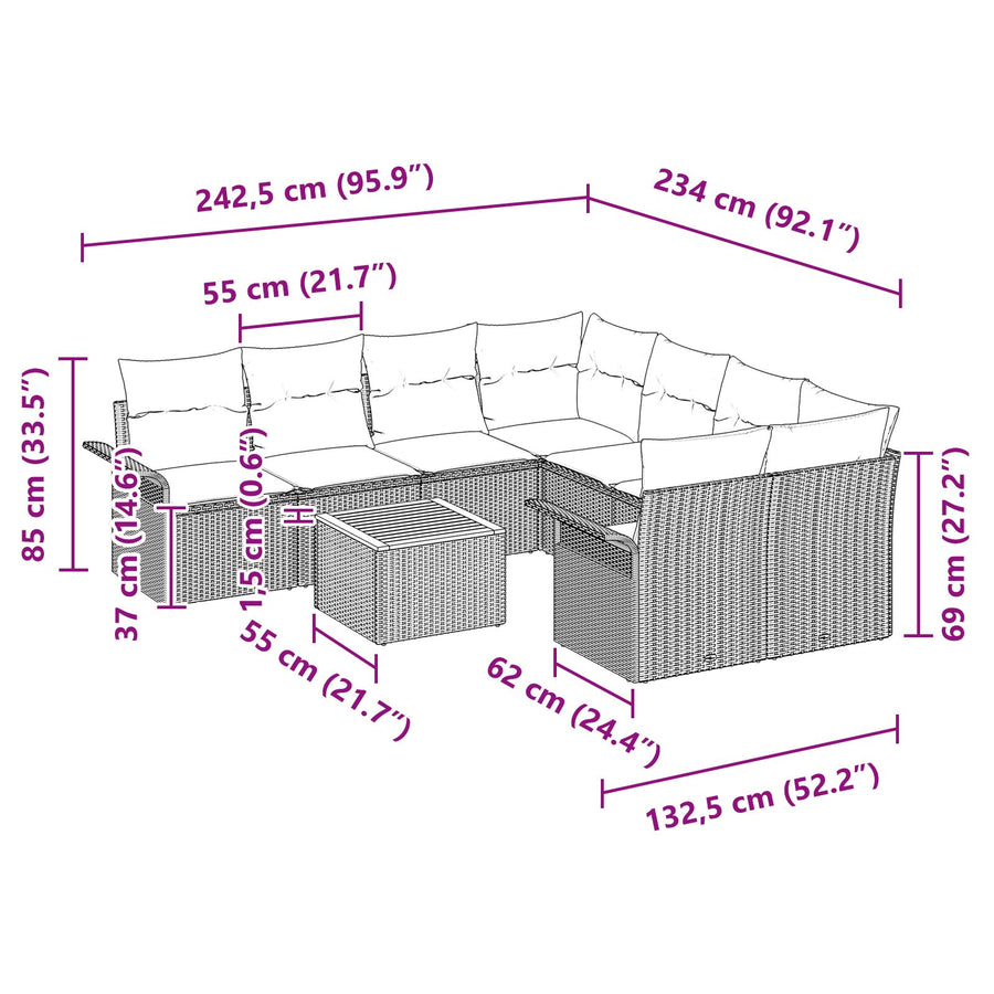9-Delige Tuin Sofa Set Met Kussens Grijs Poly Rattan Acacia