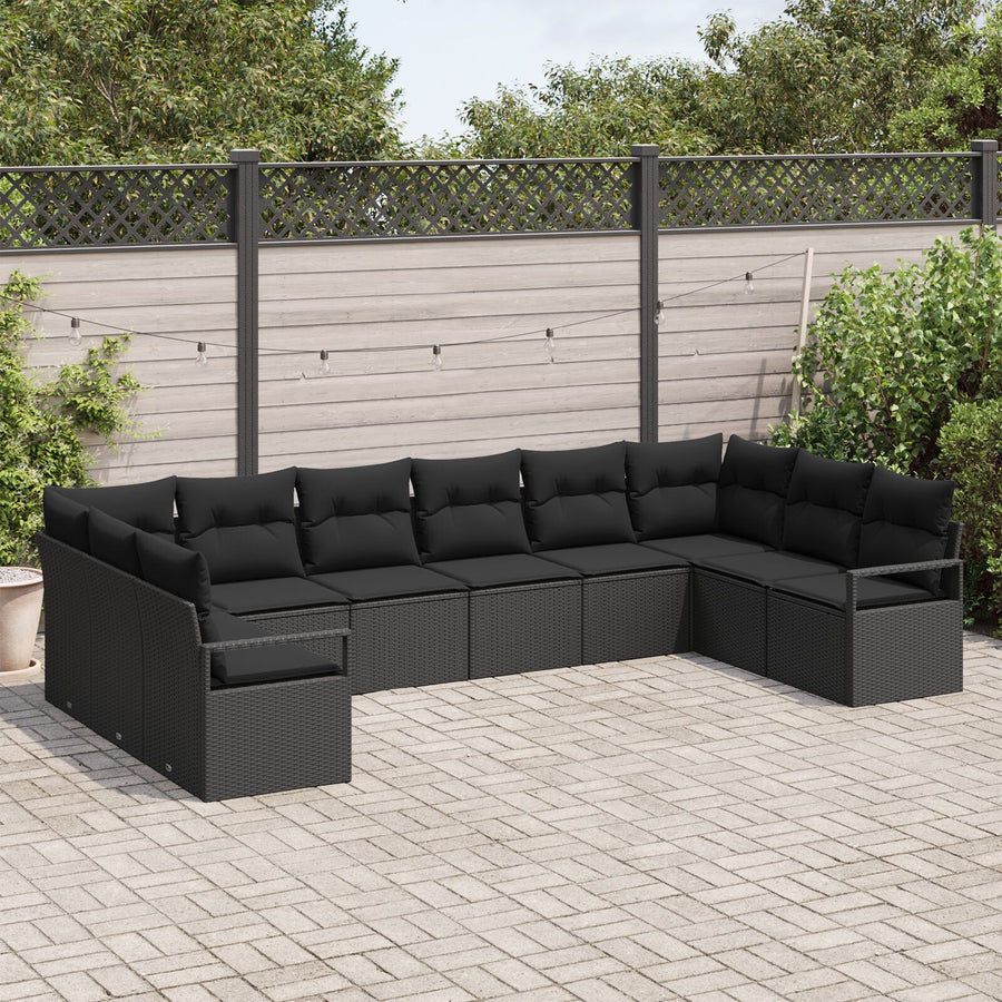 10-Delige Tuinset Met Kussens Zwart Poly Rattan,  2-Zits Tuinbank Met Kussens Zwart Poly Rattan