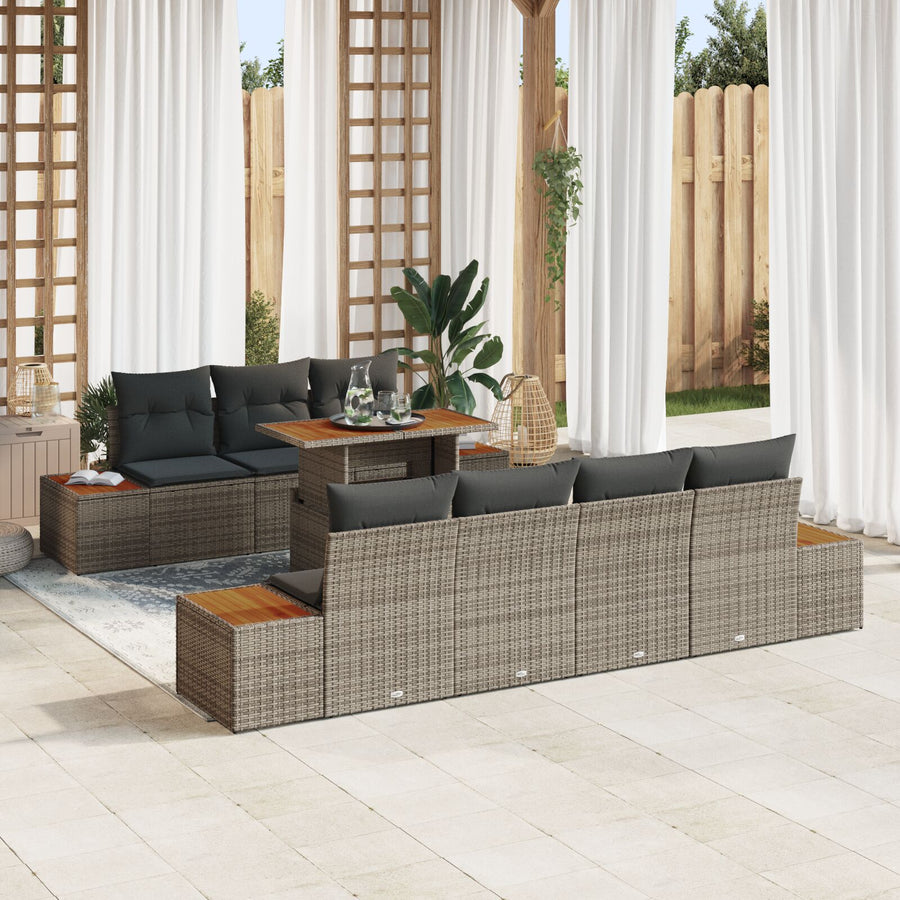 Tuinbank Set Set Van 8 Grijs Poly Rattan, Hout Tuinmeubels