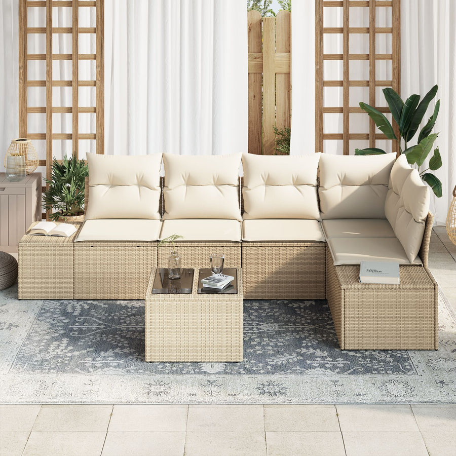 6-Delige Tuin Sofa Set Met Kussens Bruin Poly Rattan Beige en crème met tafel