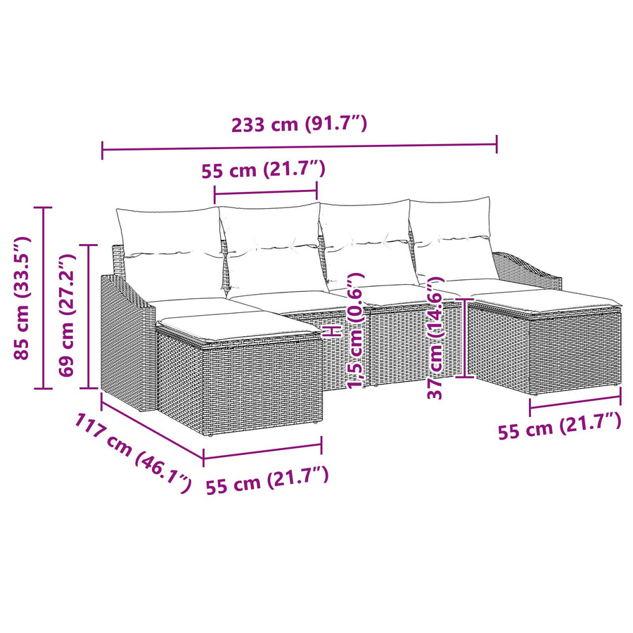6-Delige Tuin Sofa Set Met Kussens Licht Grijs Poly Rattan