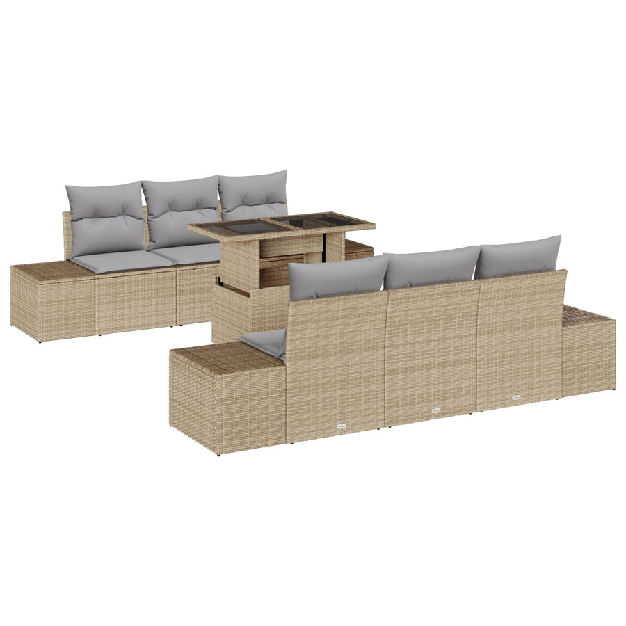 Tuinsofa Set 7-Delig Beige, Grijs Rattan, Polyester Buitentafel
