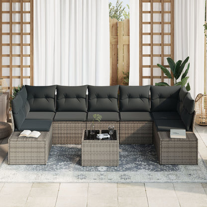 8-Delige Tuinbankset Met Kussens Grijze Poly Rattan