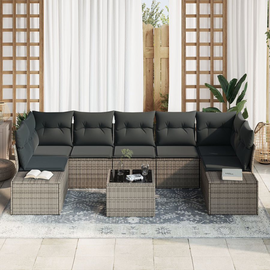 8-Delige Tuinbankset Met Kussens Grijze Poly Rattan