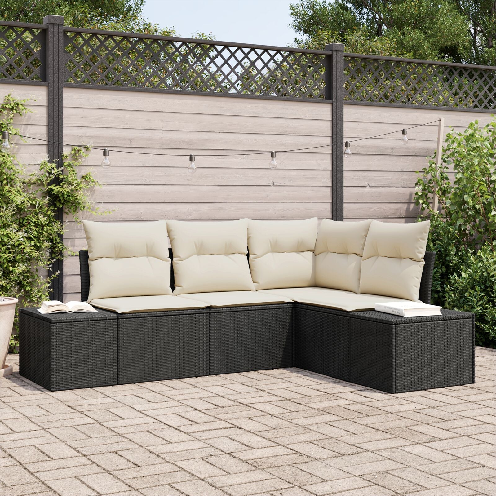 4-Delige Tuin Sofa Set Met Kussens Poly Rattan Zwart en wit zonder tafel