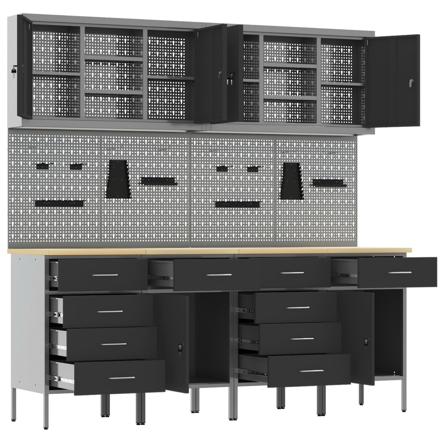 10-Delige Werkcabinet En Pegboard Set Mdf En Metaal 4x (2x84/2x85 cm) Zwart 6x kast + 6x pegboard