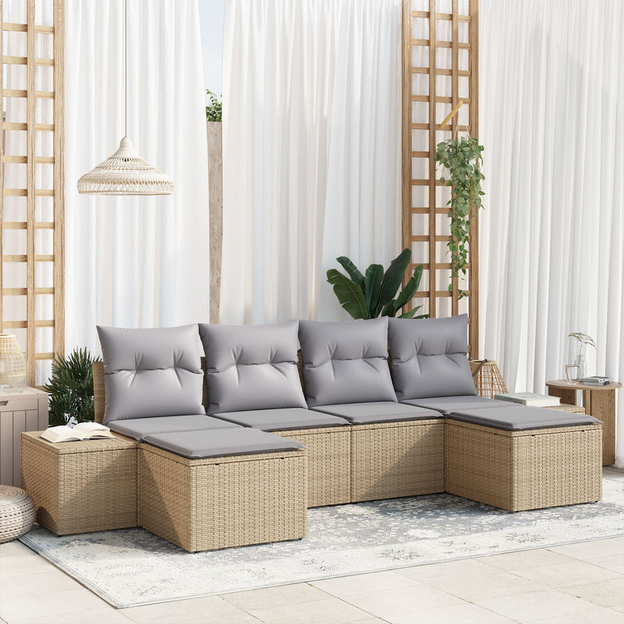 6-Delige Tuinsofa Set Met Kussens Beige Poly Rattan
