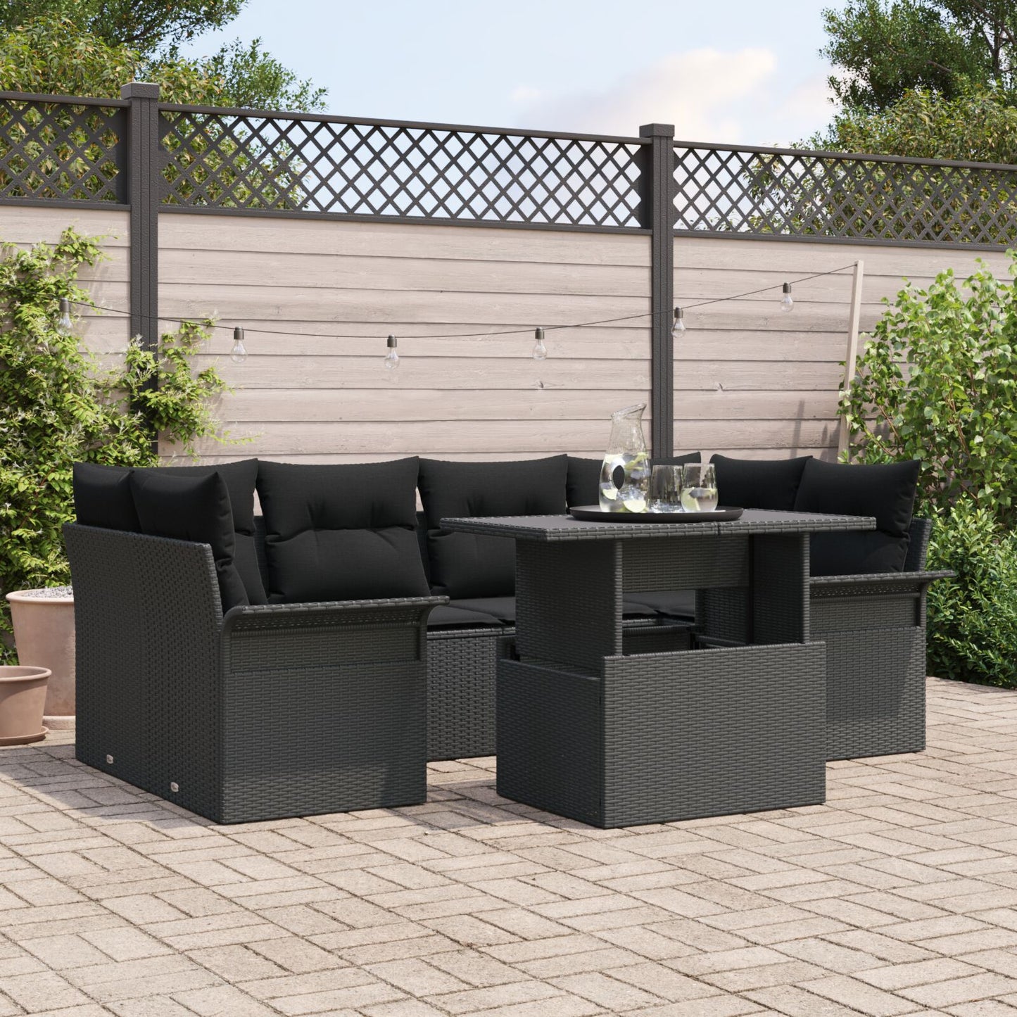7-Delige Tuin Sofa Set Met Kussens Zwart Poly Rattan
