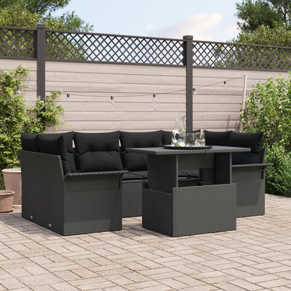 7-Delige Tuin Sofa Set Met Kussens Zwart Poly Rattan