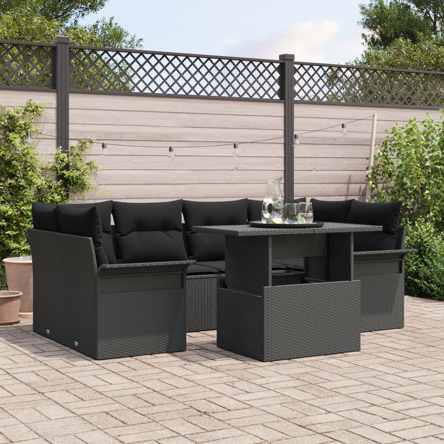 7-Delige Tuin Sofa Set Met Kussens Zwart Poly Rattan
