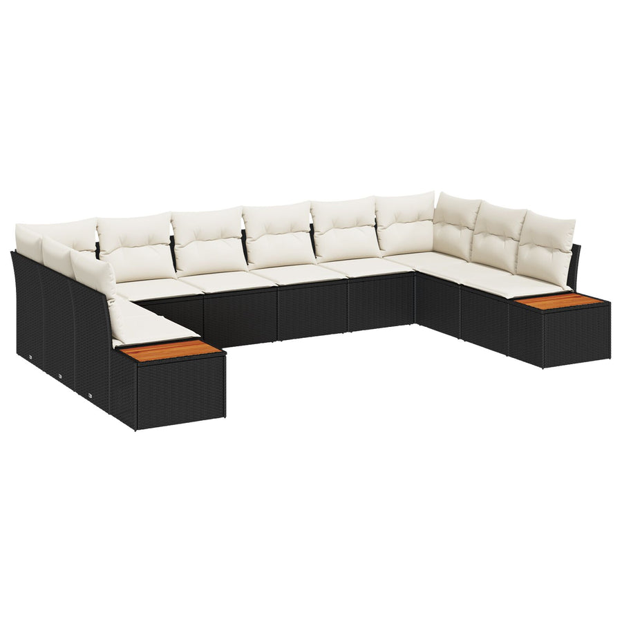 10-Delige Tuinbankenset Met Kussens Zwart Poly Rattan Acacia