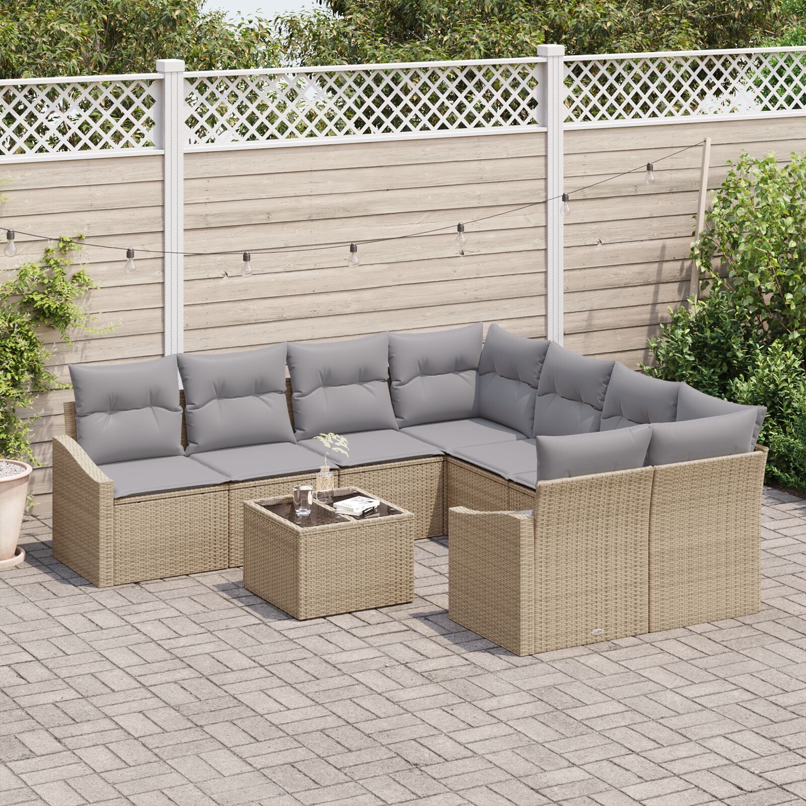 9-Delige Tuinbank Set Met Kussens Beige Poly Rattan