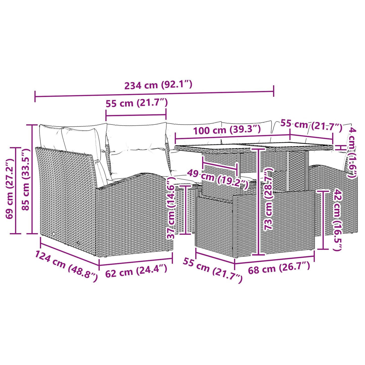 7-Delige Tuin Sofa Set Met Kussens Licht Grijs Poly Riet