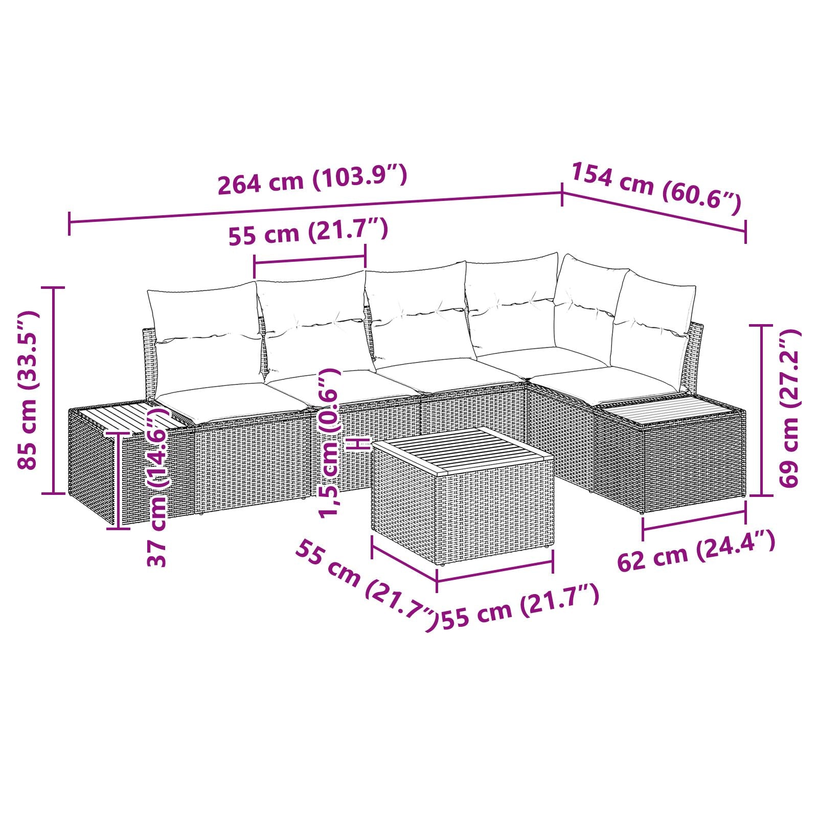 6-Delig Tuin Sofa Set Met Kussens Zwart Poly Rattan Acacia
