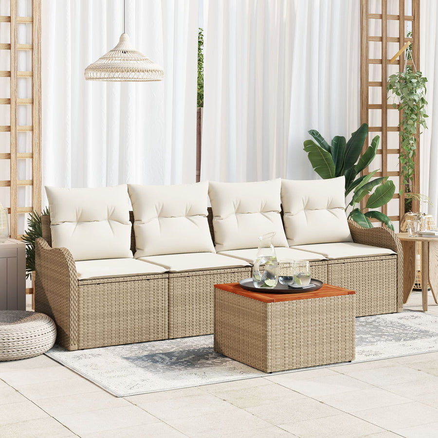 5-Delige Tuin Sofaset Met Kussens Beige Poly Rattan Acacia