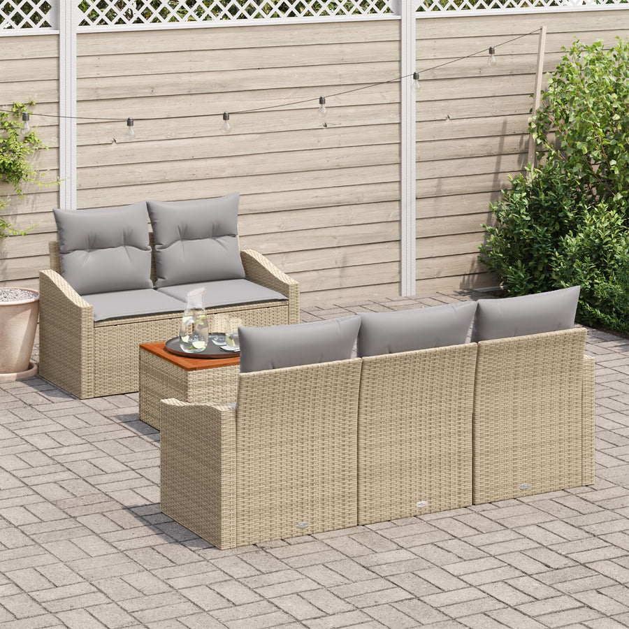 6 Delige Tuin Sofa Set Met Kussens Beige Poly Rattan Acacia